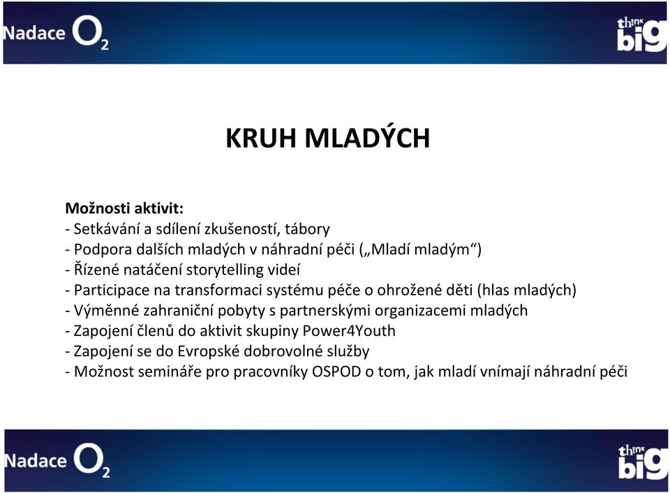 mladých) - Výměnné zahraniční pobyty s partnerskými organizacemi mladých - Zapojení členů do aktivit skupiny