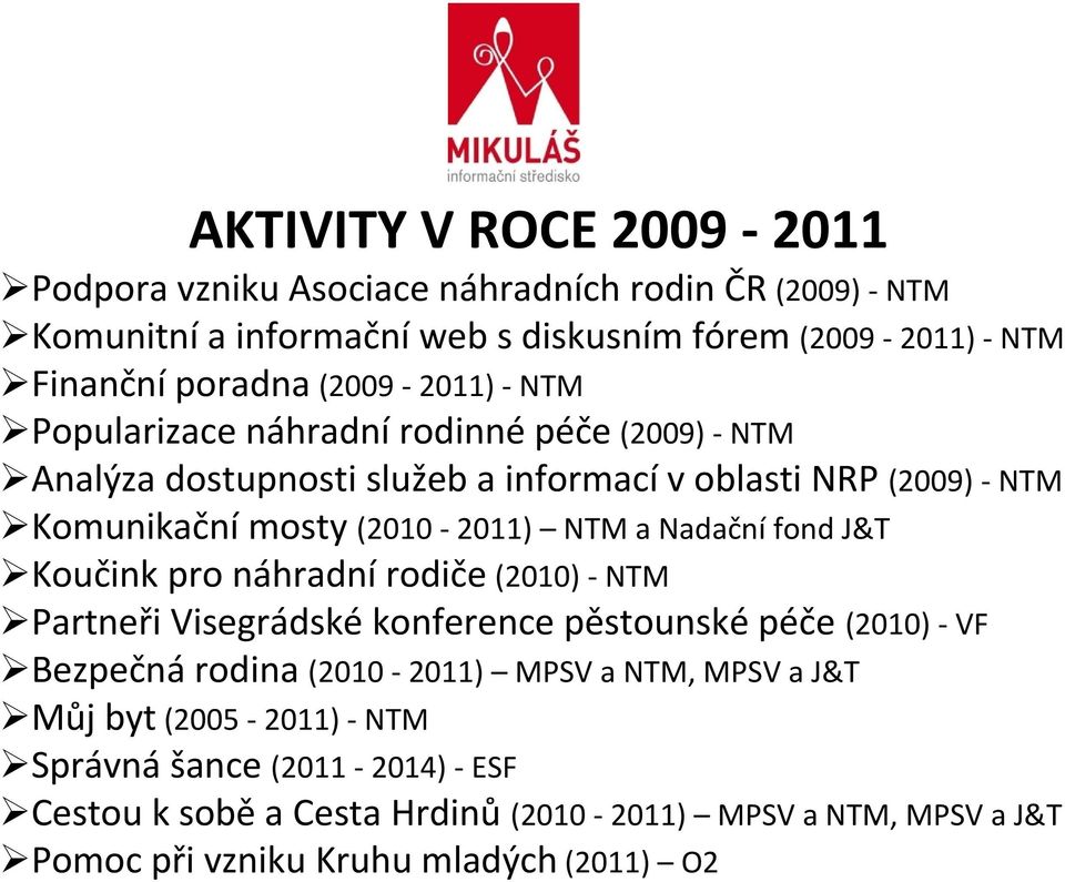 a Nadační fond J&T Koučink pro náhradní rodiče (2010) - NTM Partneři Visegrádské konference pěstounské péče (2010) - VF Bezpečná rodina (2010-2011) MPSV a NTM, MPSV