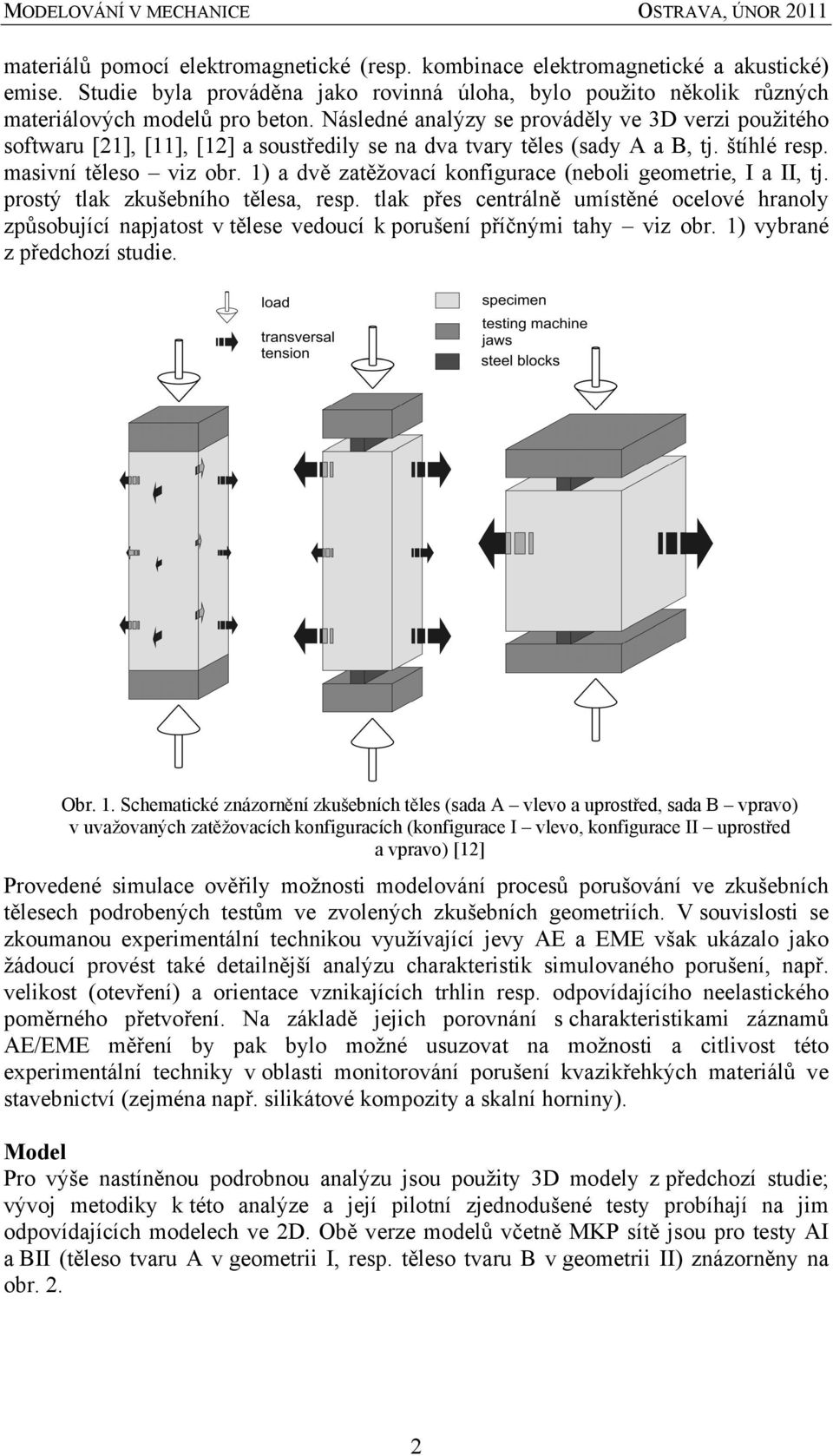 1) a dvě zatěžovací konfigurace (neboli geometrie, I a II, tj. prostý tlak zkušebního tělesa, resp.