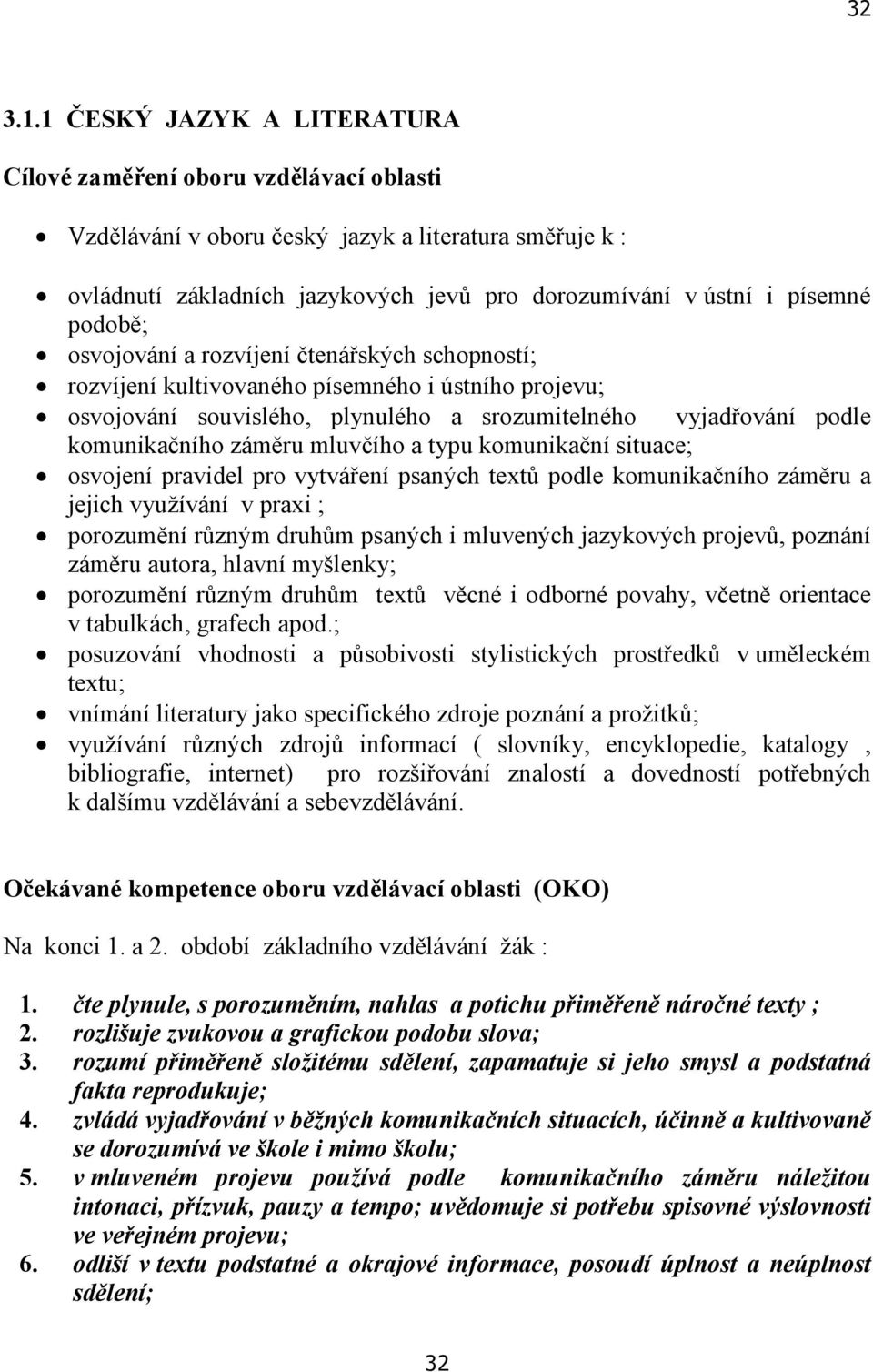 podobě; osvojování a rozvíjení čtenářských schopností; rozvíjení kultivovaného písemného i ústního projevu; osvojování souvislého, plynulého a srozumitelného vyjadřování podle komunikačního záměru