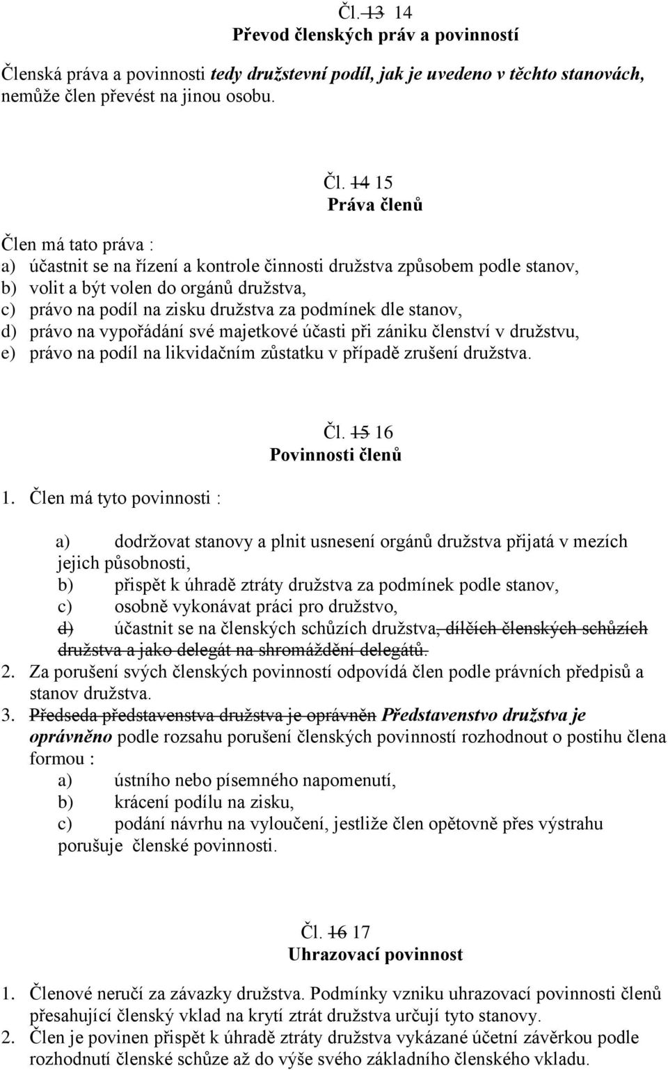 14 15 Práva členů Člen má tato práva : a) účastnit se na řízení a kontrole činnosti družstva způsobem podle stanov, b) volit a být volen do orgánů družstva, c) právo na podíl na zisku družstva za