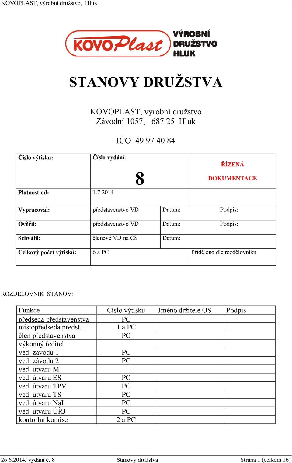 Podpis: Schválil: členové VD na ČS Datum: Celkový počet výtisků: 6 a PC Přiděleno dle rozdělovníku ROZDĚLOVNÍK STANOV: Funkce Číslo výtisku Jméno držitele OS Podpis předseda