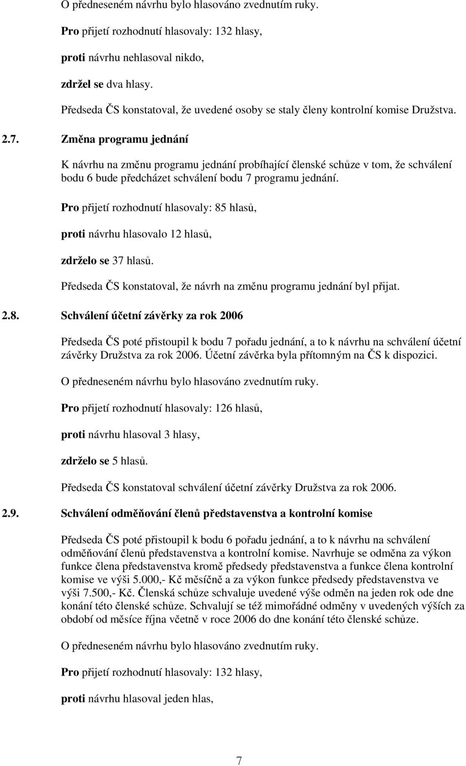 Pro přijetí rozhodnutí hlasovaly: 85 hlasů, proti návrhu hlasovalo 12 hlasů, zdrželo se 37 hlasů. Předseda ČS konstatoval, že návrh na změnu programu jednání byl přijat. 2.8. Schválení účetní závěrky za rok 2006 Předseda ČS poté přistoupil k bodu 7 pořadu jednání, a to k návrhu na schválení účetní závěrky Družstva za rok 2006.