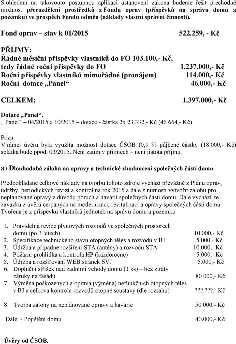 100,- Kč, tedy řádné roční příspěvky do FO Roční příspěvky vlastníků mimořádné (pronájem) Roční dotace Panel 522.259, - Kč 1.237.000,- Kč 114.000,- Kč 46.000,- Kč 1.397.000,- Kč Dotace Panel.