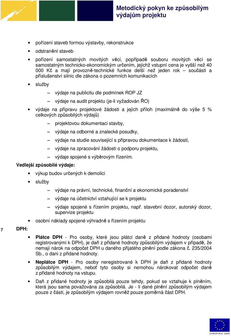 audit projektu (je-li vyžadován ŘO) výdaje na přípravu projektové žádosti a jejích příloh (maximálně do výše 5 % celkových způsobilých výdajů) Vedlejší způsobilé výdaje: DPH: projektovou dokumentaci