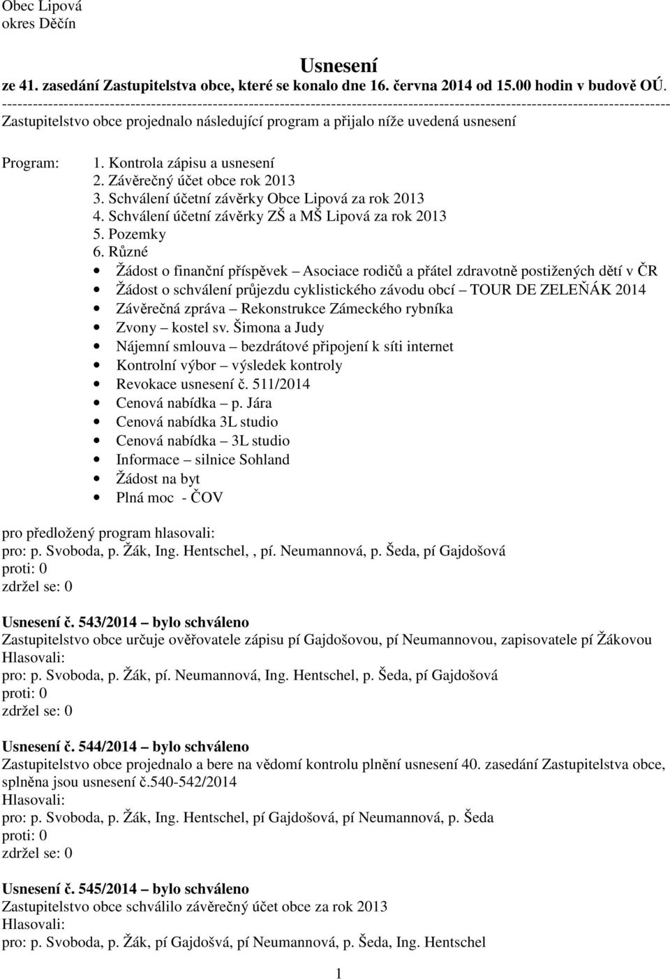 uvedená usnesení Program: 1. Kontrola zápisu a usnesení 2. Závěrečný účet obce rok 2013 3. Schválení účetní závěrky Obce Lipová za rok 2013 4. Schválení účetní závěrky ZŠ a MŠ Lipová za rok 2013 5.