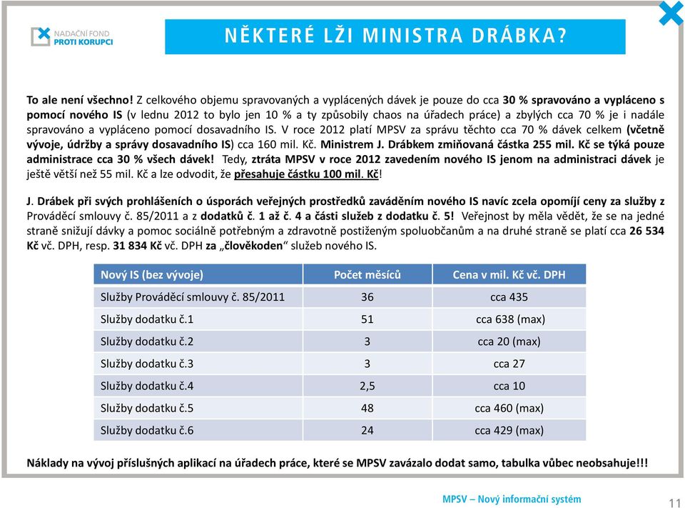 70 % je i nadále spravováno a vypláceno pomocí dosavadního IS. V roce 2012 platí MPSV za správu těchto cca 70 % dávek celkem (včetně vývoje, údržby a správy dosavadního IS) cca 160 mil. Kč.