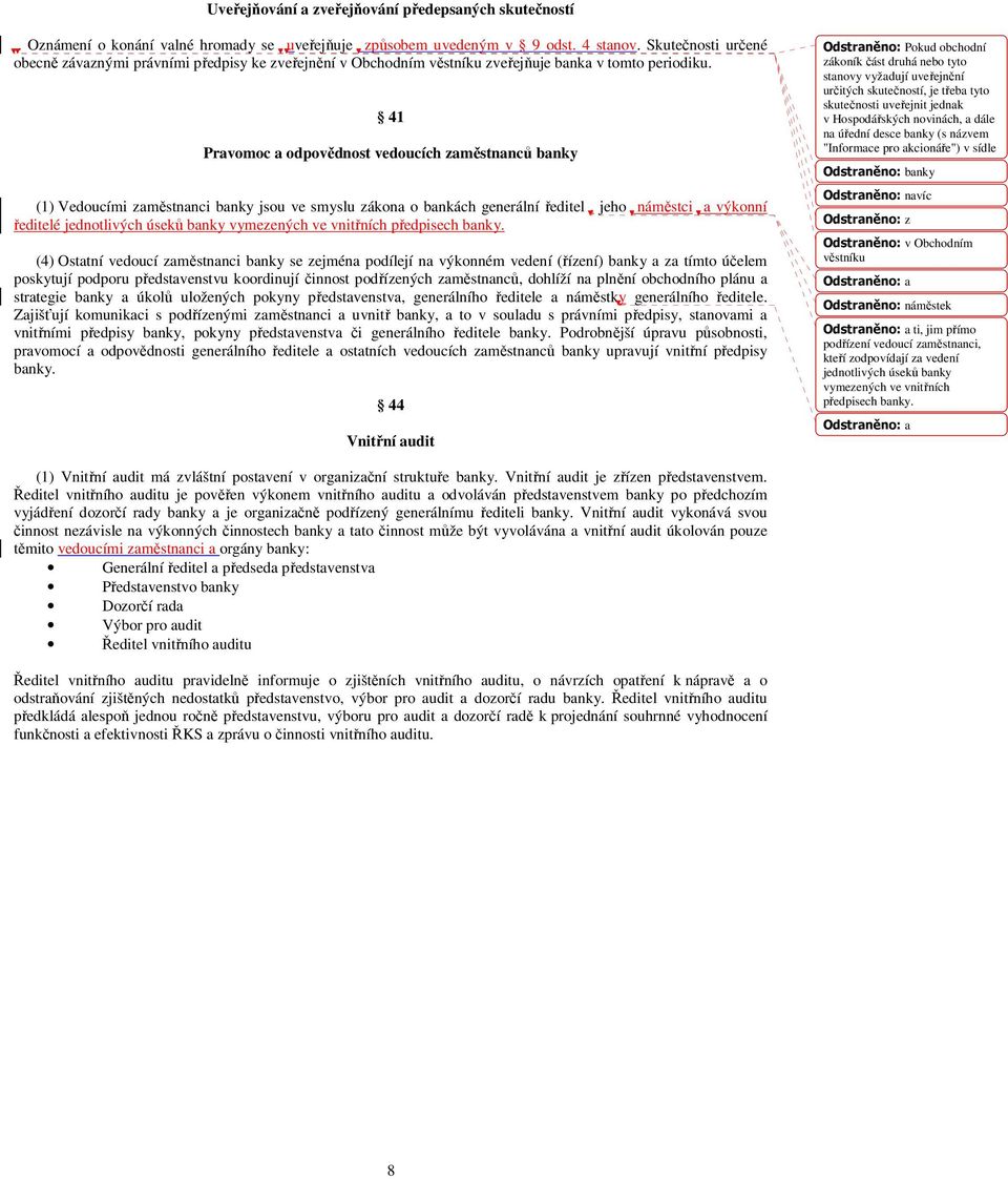 41 Pravomoc a odpovědnost vedoucích zaměstnanců banky (1) Vedoucími zaměstnanci banky jsou ve smyslu zákona o bankách generální ředitel, jeho náměstci a výkonní ředitelé jednotlivých úseků banky