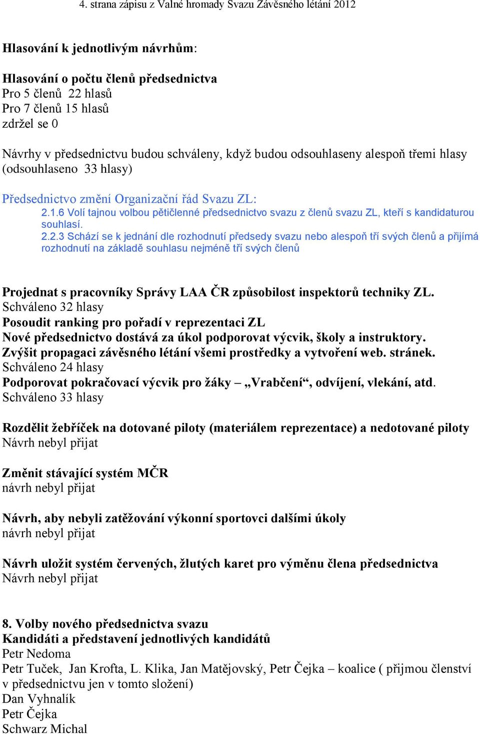 6 Volí tajnou volbou pětičlenné předsednictvo svazu z členů svazu ZL, kteří s kandidaturou souhlasí. 2.