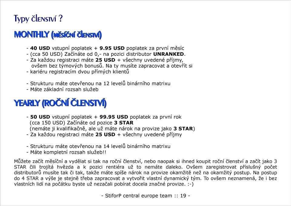 Na ty musíte zapracovat a otevřít si kariéru registracím dvou přímých klientů Strukturu máte otevřenou na 12 levelů binárního matrixu Máte základní rozsah služeb YEARLY (ROČNÍ ČLENSTVÍ) 50 USD