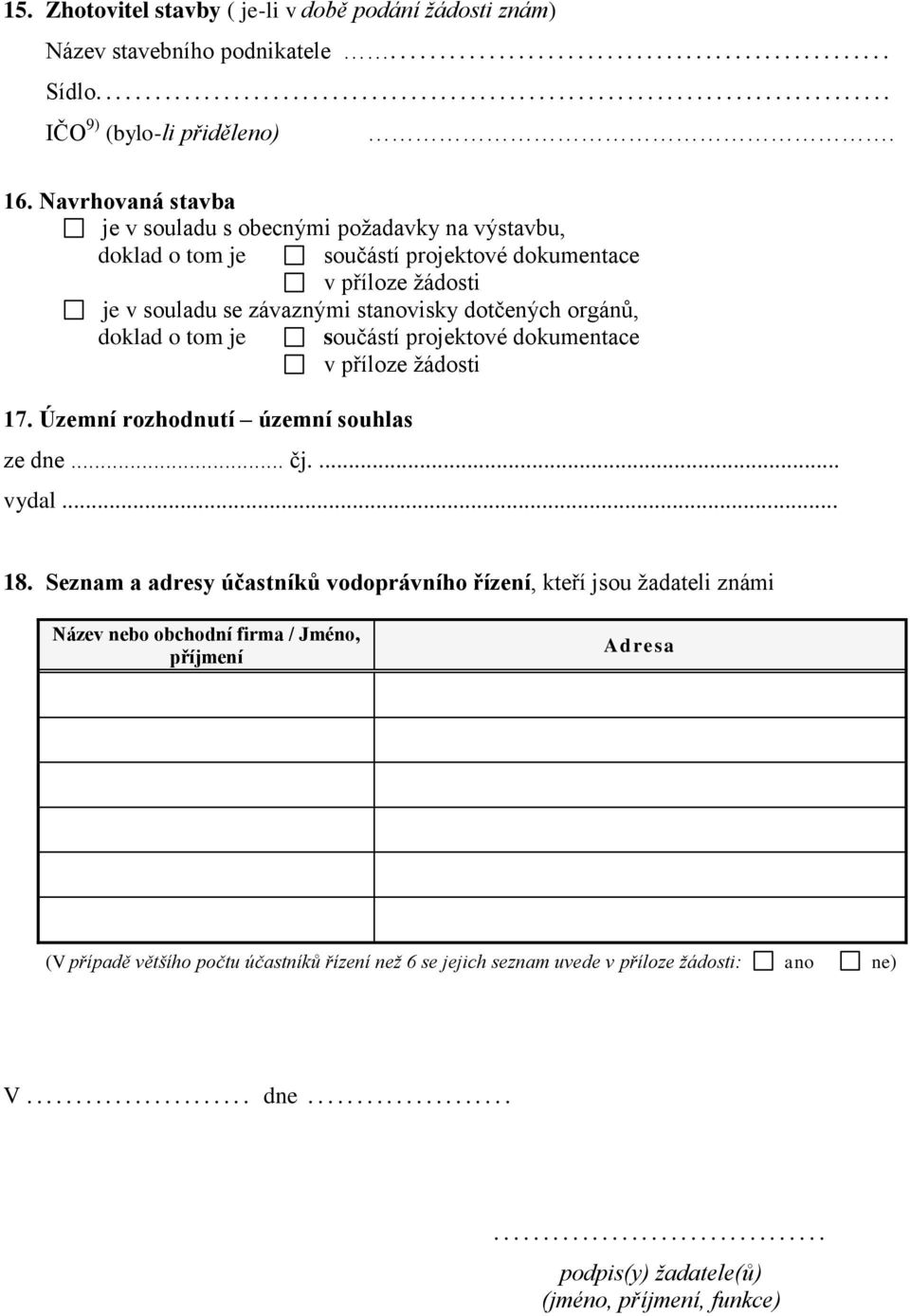 tom je součástí projektové dokumentace v příloze žádosti 17. Územní rozhodnutí územní souhlas ze dne... čj.... vydal... 18.