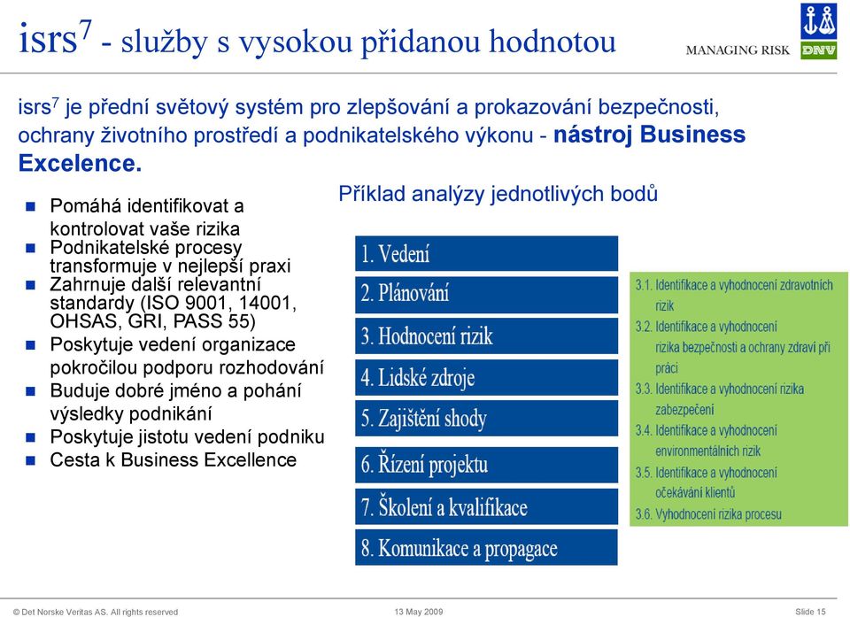 Pomáhá identifikovat a kontrolovat vaše rizika Podnikatelské procesy transformuje v nejlepší praxi Zahrnuje další relevantní standardy (ISO 9001,