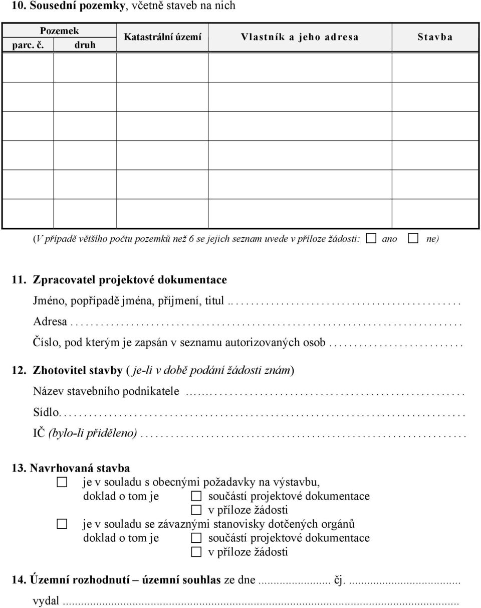 Zpracovatel projektové dokumentace Jméno, popřípadě jména, příjmení, titul... Adresa... Číslo, pod kterým je zapsán v seznamu autorizovaných osob... 12.