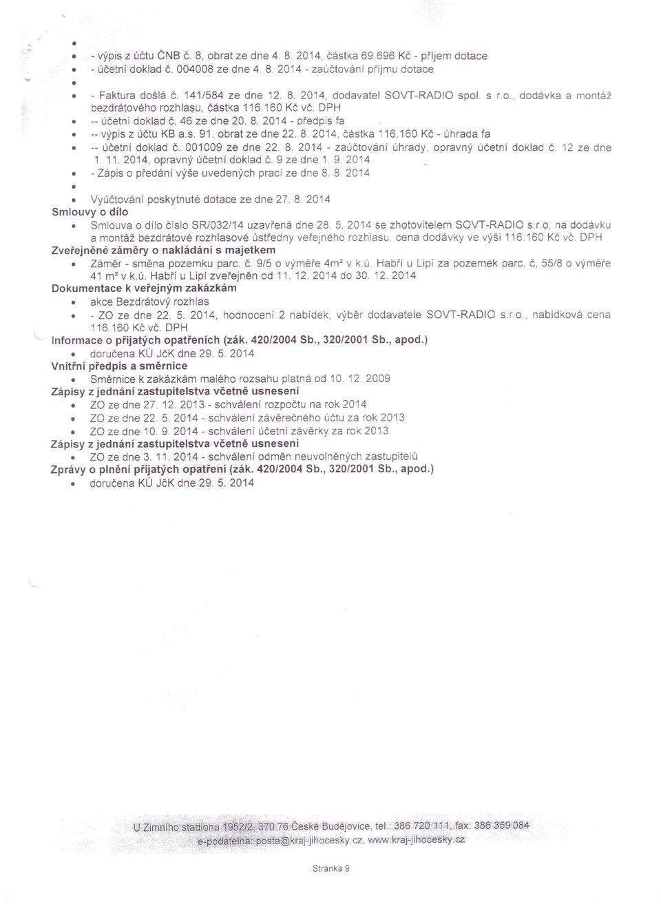 160 Kč - úhrada fa -- účetní doklad Č. 001009 ze dne 22. 8. 2014 - zaúčtování úhrady, opravný účetní doklad Č. 12 ze dne 1. 11. 2014, opravný účetní doklad Č. 9 