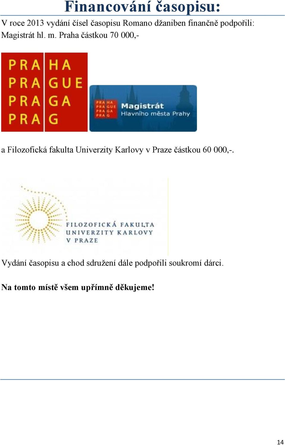 Praha částkou 70 000,- a Filozofická fakulta Univerzity Karlovy v Praze