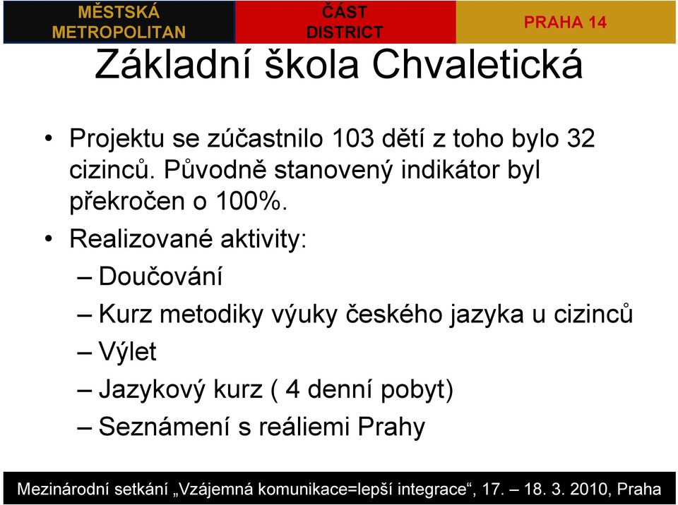 Realizované aktivity: Doučování Kurz metodiky výuky českého jazyka u