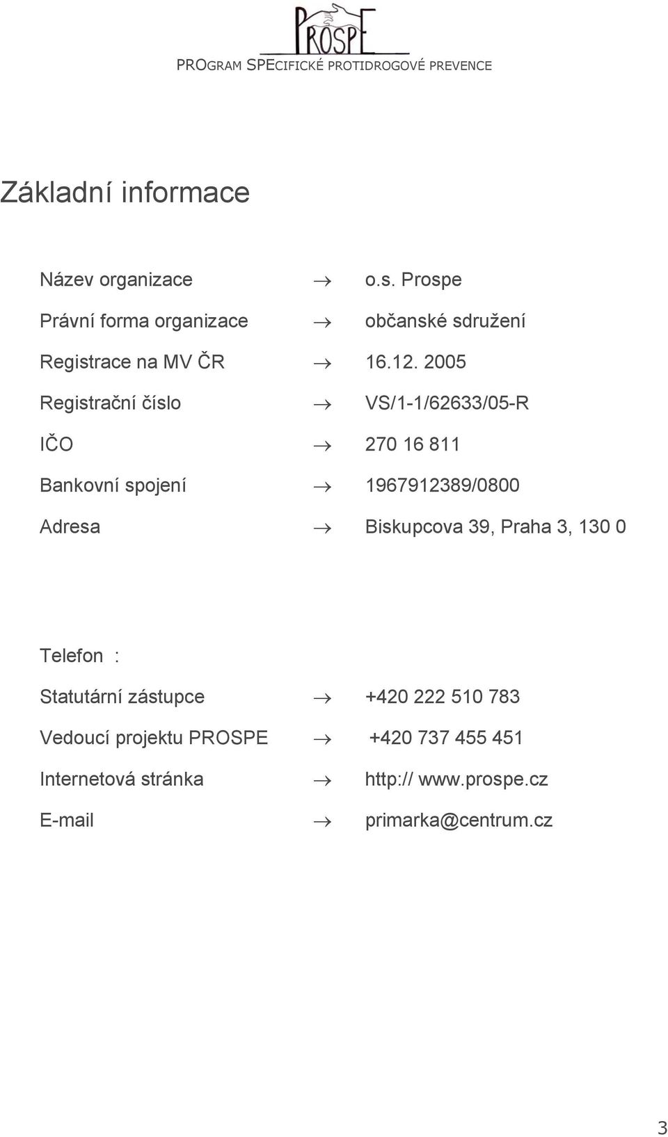 2005 Registrační číslo VS/1-1/62633/05-R IČO 270 16 811 Bankovní spojení 1967912389/0800 Adresa
