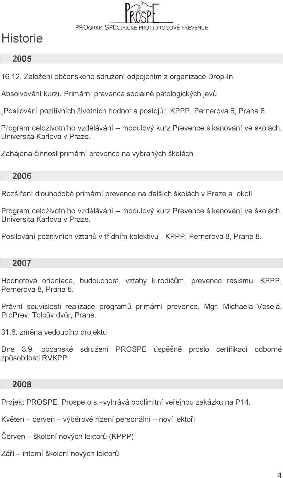 Program celoživotního vzdělávání modulový kurz Prevence šikanování ve školách. Universita Karlova v Praze. Zahájena činnost primární prevence na vybraných školách.