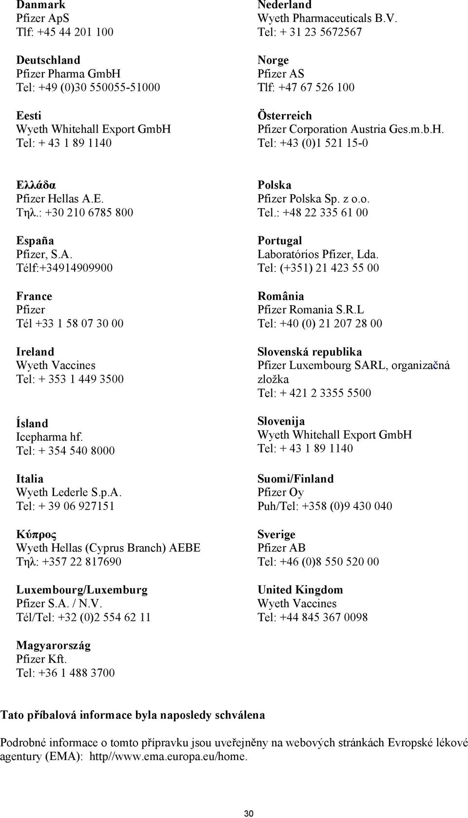 Tel: + 354 540 8000 Italia Wyeth Lederle S.p.A. Tel: + 39 06 927151 K Wyeth Hellas (Cyprus Branch) AEBE T : +357 22 817690 Luxembourg/Luxemburg Pfizer S.A. / N.V.