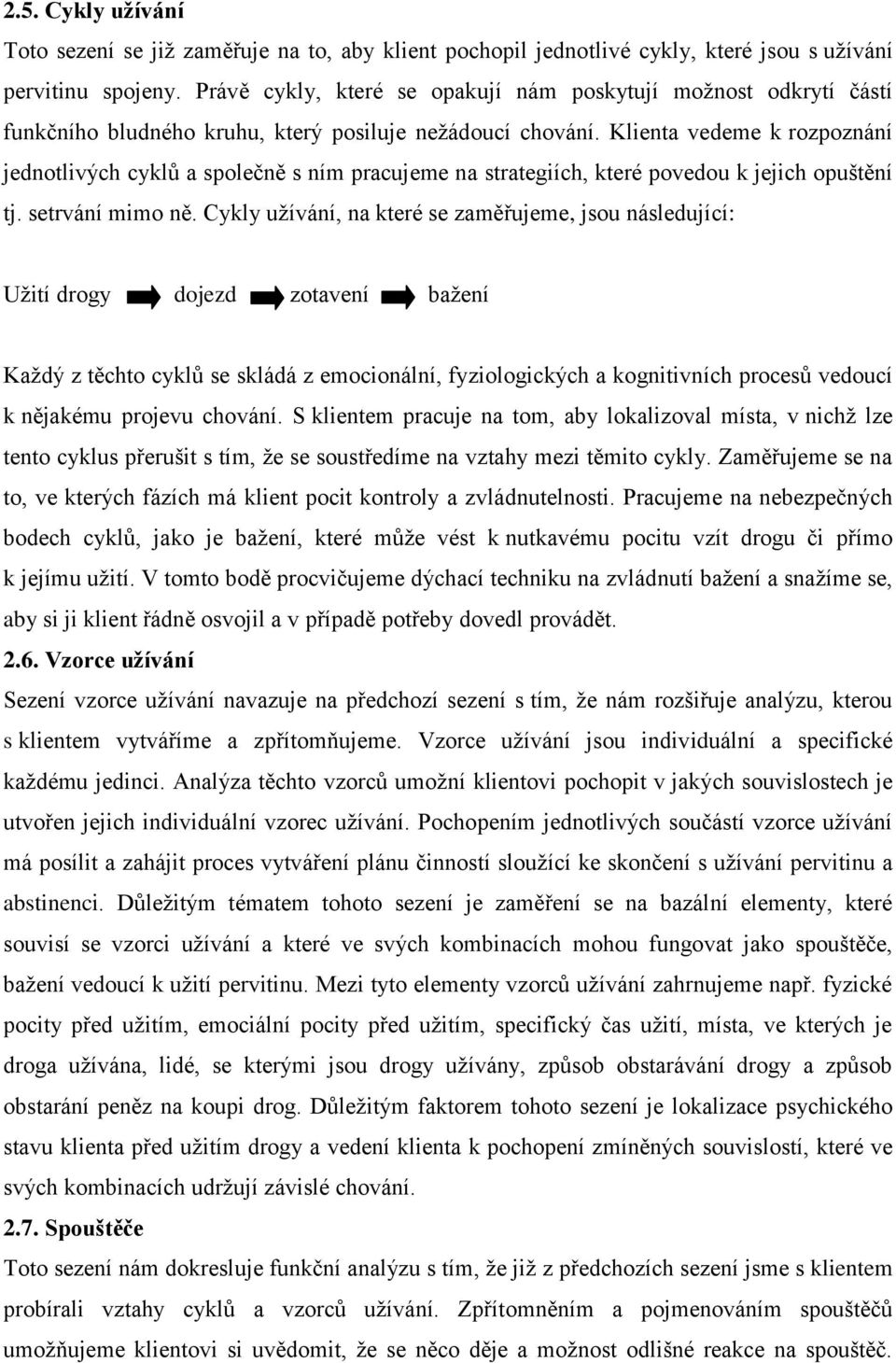 Klienta vedeme k rozpoznání jednotlivých cyklů a společně s ním pracujeme na strategiích, které povedou k jejich opuštění tj. setrvání mimo ně.