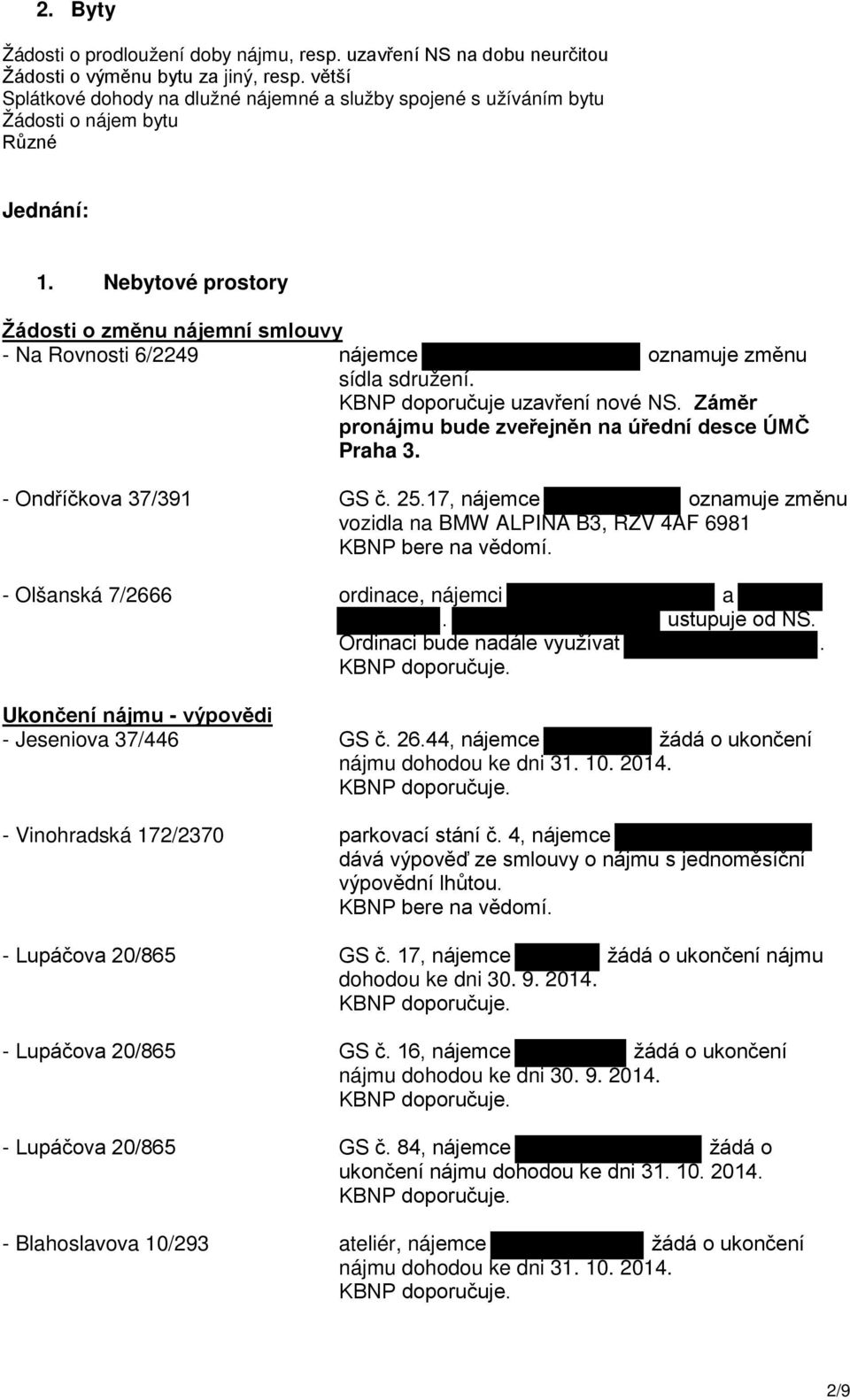Nebytové prostory Žádosti o změnu nájemní smlouvy - Na Rovnosti 6/2249 nájemce oznamuje změnu sídla sdružení. KBNP doporučuje uzavření nové NS.