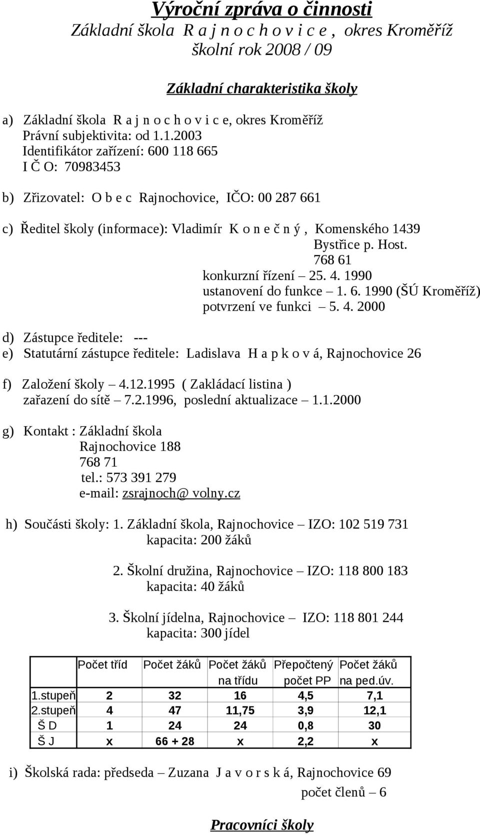 1.2003 Identifikátor zařízení: 600 118 665 I Č O: 70983453 b) Zřizovatel: O b e c Rajnochovice, IČO: 00 287 661 c) Ředitel školy (informace): Vladimír K o n e č n ý, Komenského 1439 Bystřice p. Host.