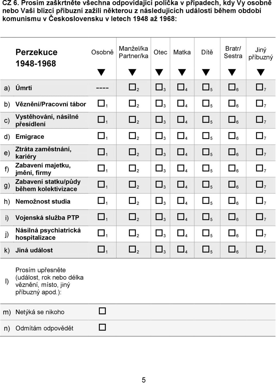 přesídlení d) Emigrace e) f) g) Ztráta zaměstnání, kariéry Zabavení majetku, jmění, firmy Zabavení statku/půdy během kolektivizace h) Nemožnost studia i) Vojenská služba