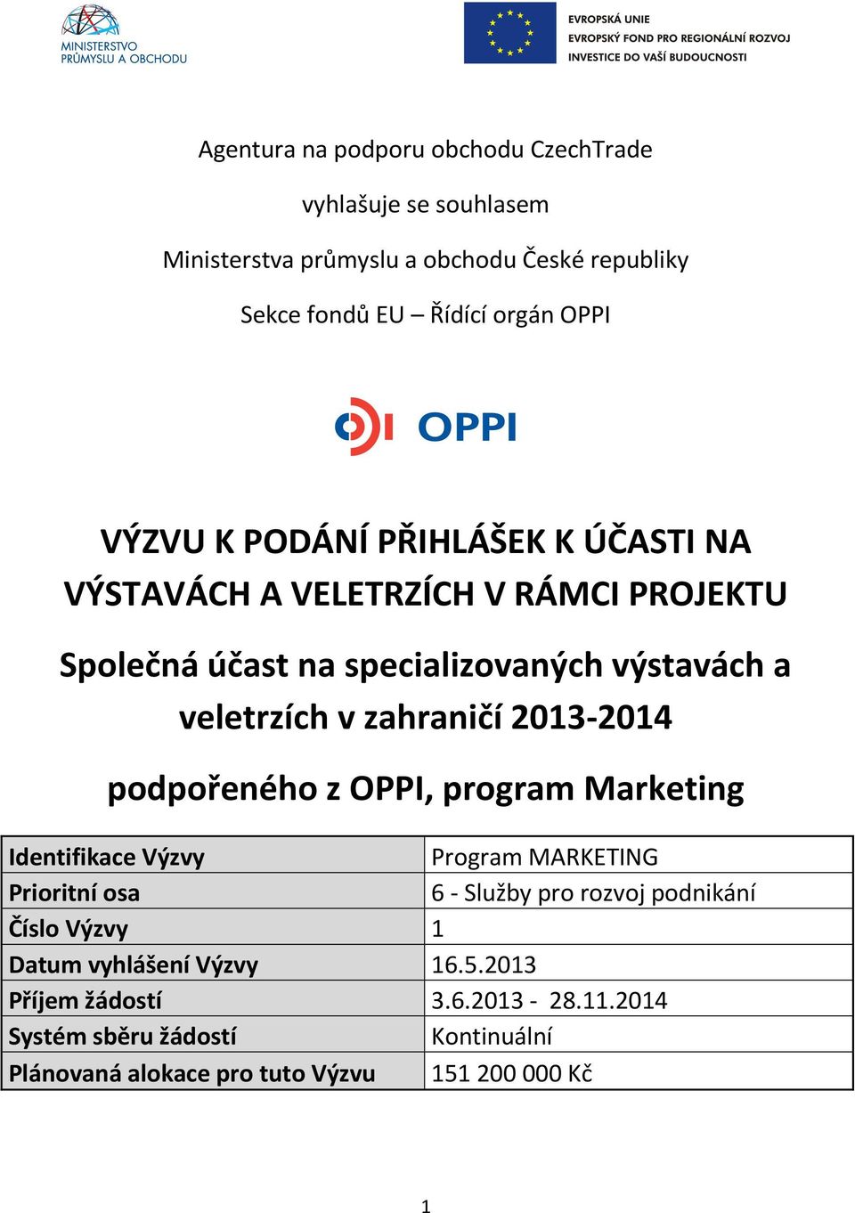 zahraničí 2013-2014 podpořeného z OPPI, program Marketing Identifikace Výzvy Program MARKETING Prioritní osa 6 - Služby pro rozvoj podnikání