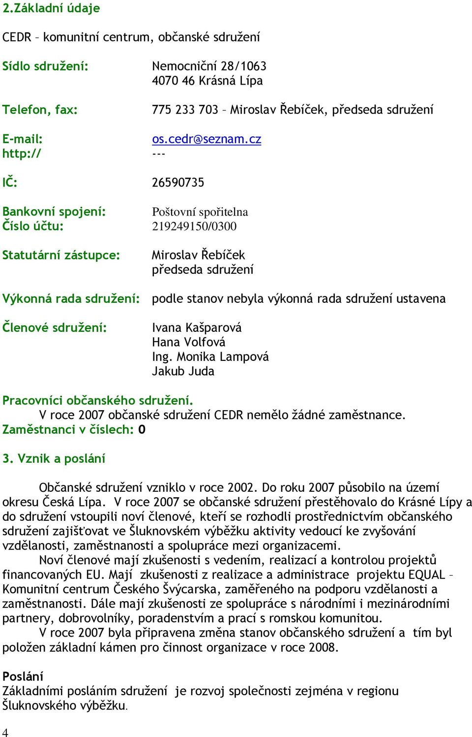 rada sdružení ustavena Členové sdružení: Ivana Kašparová Hana Volfová Ing. Monika Lampová Jakub Juda Pracovníci občanského sdružení. V roce 2007 občanské sdružení CEDR nemělo žádné zaměstnance.