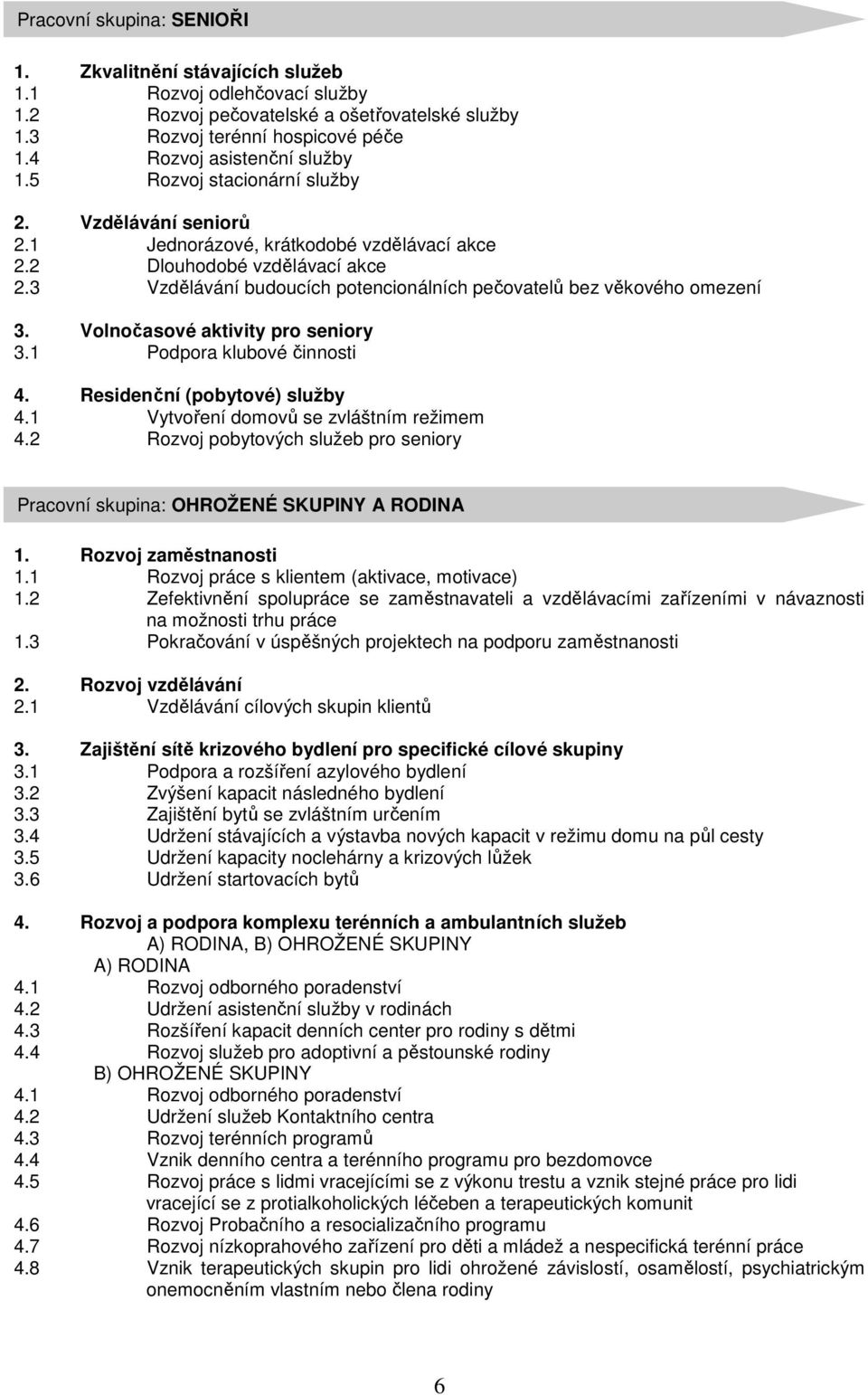 3 Vzdělávání budoucích potencionálních pečovatelů bez věkového omezení 3. Volnočasové aktivity pro seniory 3.1 Podpora klubové činnosti 4. Residenční (pobytové) služby 4.