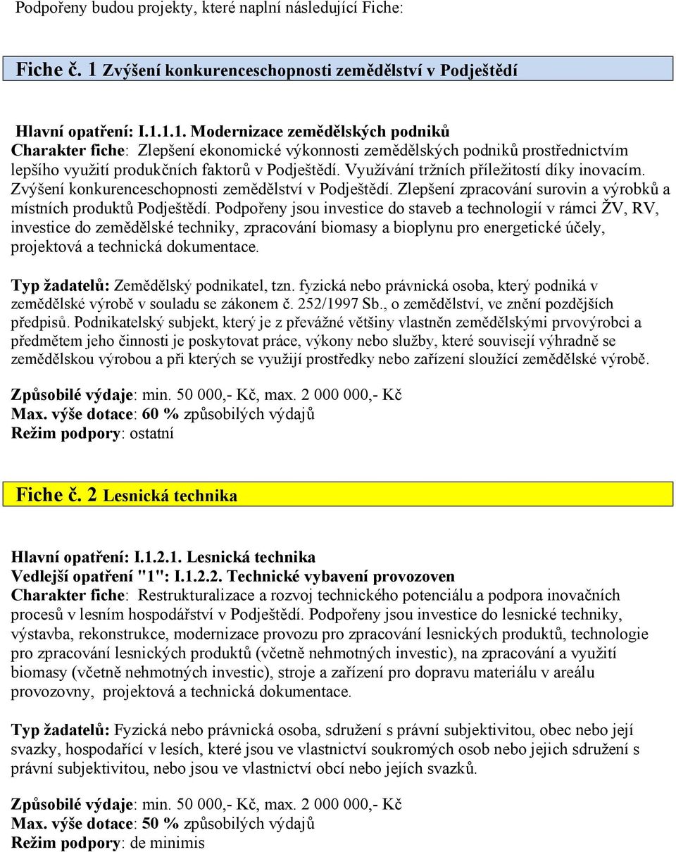 1.1. Modernizace zemědělských podniků Charakter fiche: Zlepšení ekonomické výkonnosti zemědělských podniků prostřednictvím lepšího využití produkčních faktorů v Podještědí.