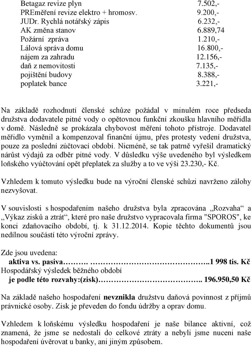 221,- Na základě rozhodnutí členské schůze požádal v minulém roce předseda družstva dodavatele pitné vody o opětovnou funkční zkoušku hlavního měřidla v domě.