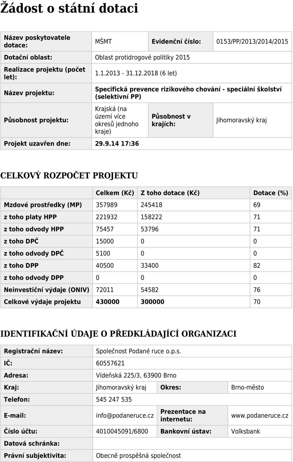 9.14 17:36 Působnost v krajích: Jihomoravský kraj CELKOVÝ ROZPOČET PROJEKTU Celkem (Kč) Z toho dotace (Kč) Dotace (%) Mzdové prostředky (MP) 357989 245418 69 z toho platy HPP 221932 158222 71 z toho