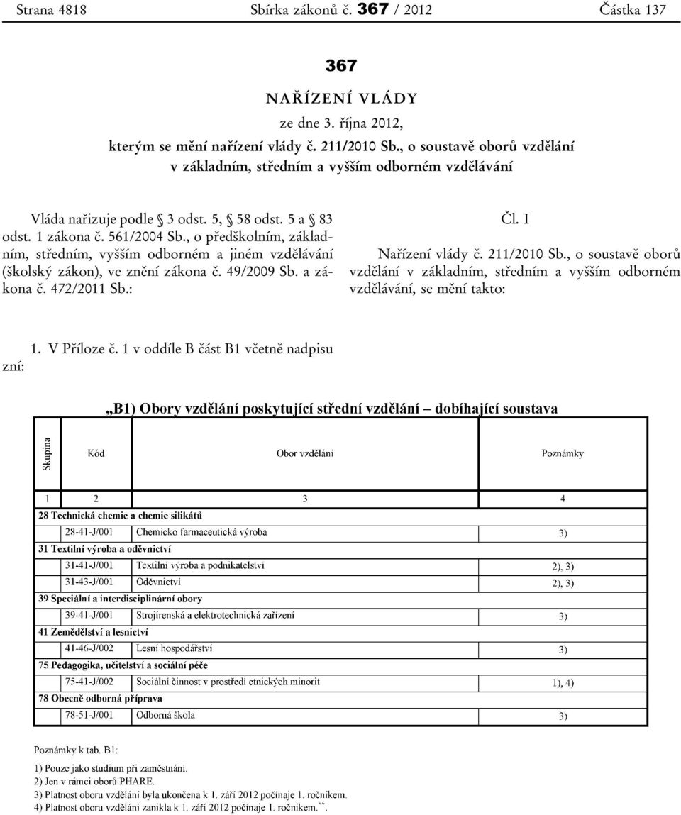, o předškolním, základním, středním, vyšším odborném a jiném vzdělávání (školský zákon), ve znění zákona č. 49/2009 Sb. a zákona č. 472/2011 Sb.: Čl.