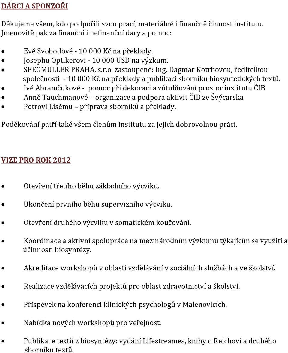 Ivě Abramčukové - pomoc při dekoraci a zútulňování prostor institutu ČIB Anně Tauchmanové organizace a podpora aktivit ČIB ze Švýcarska Petrovi Lisému příprava sborníků a překlady.