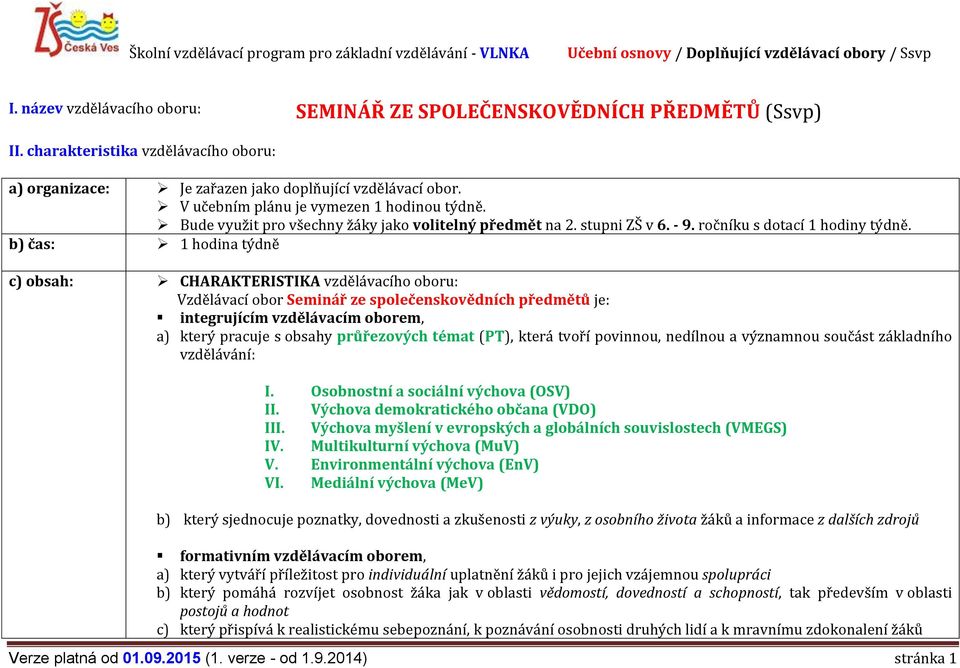 stupni ZŠ v 6. - 9. ročníku s dotací 1 hodiny týdně.