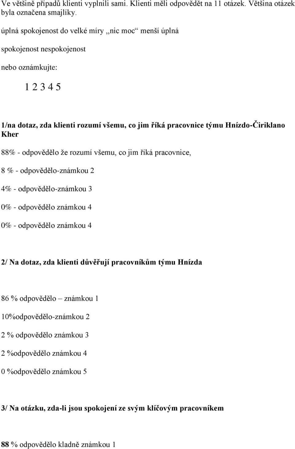 Kher 88% - odpovědělo že rozumí všemu, co jim říká pracovnice, 8 % - odpovědělo-známkou 2 4% - odpovědělo-známkou 3 0% - odpovědělo známkou 4 0% - odpovědělo známkou 4 2/ Na dotaz, zda