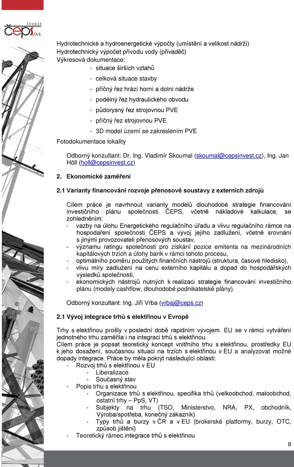 konzultant: Dr. Ing. Vladimír Skoumal (skoumal@cepsinvest.cz), Ing. Jan Höll (holl@cepsinvest.cz) 2. Ekonomické zaměření 2.