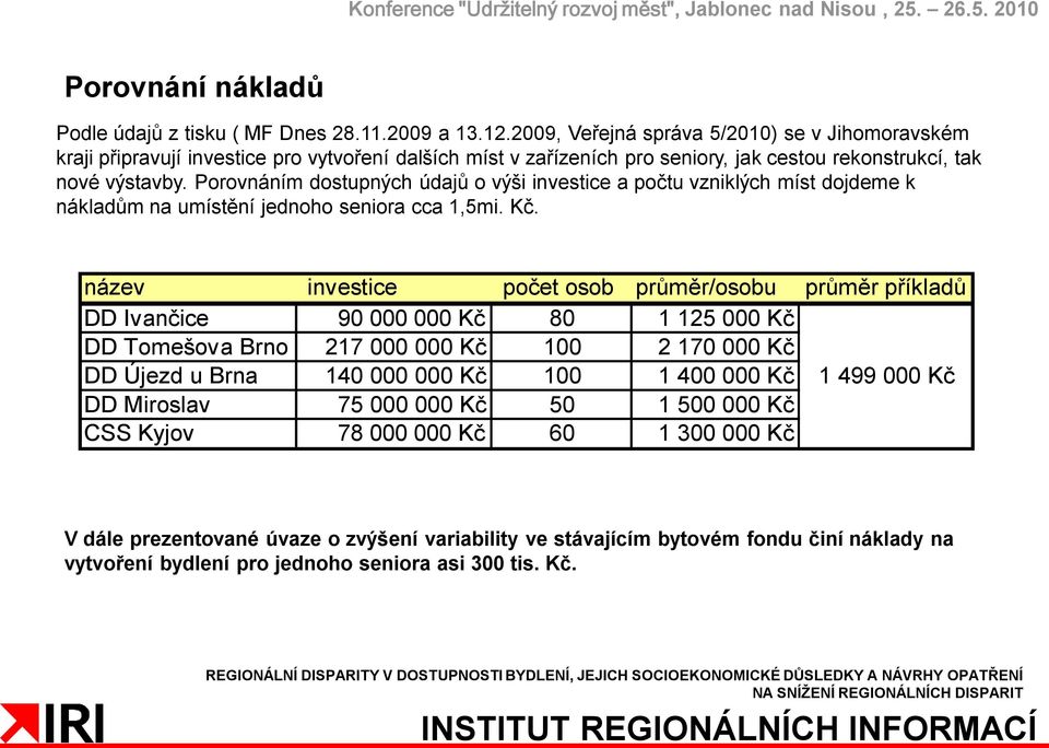 Porovnáním dostupných údajů o výši investice a počtu vzniklých míst dojdeme k nákladům na umístění jednoho seniora cca 1,5mi. Kč.