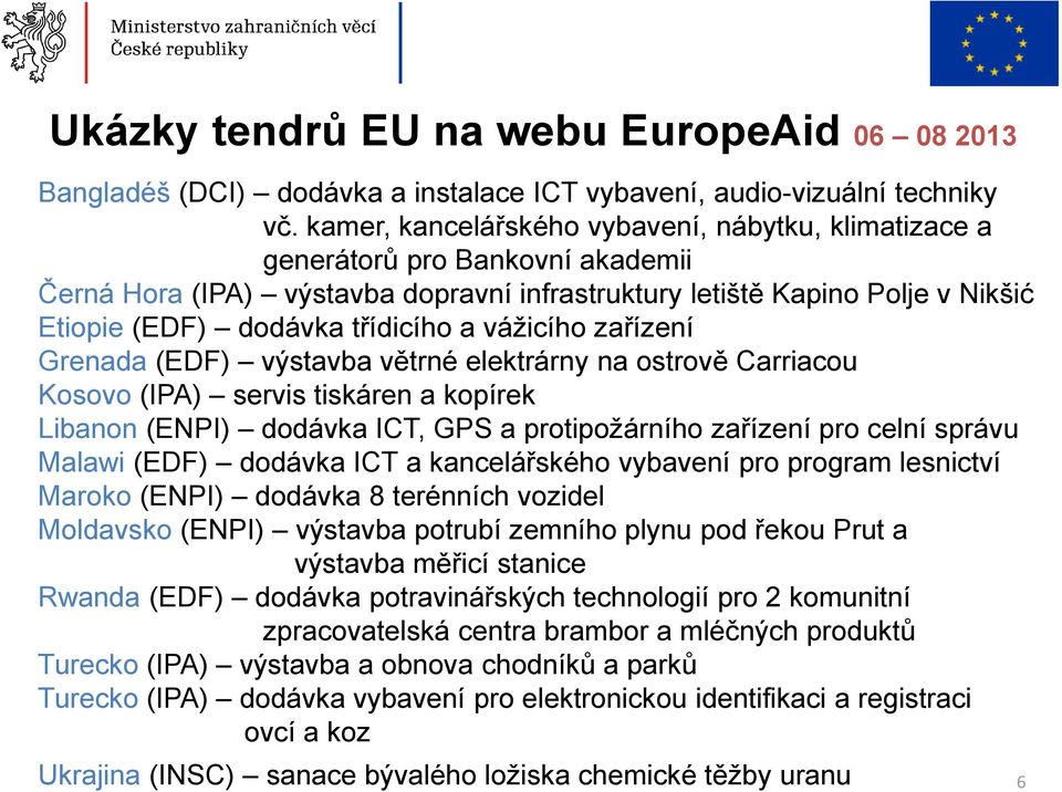 a vážicího zařízení Grenada (EDF) výstavba větrné elektrárny na ostrově Carriacou Kosovo (IPA) servis tiskáren a kopírek Libanon (ENPI) dodávka ICT, GPS a protipožárního zařízení pro celní správu