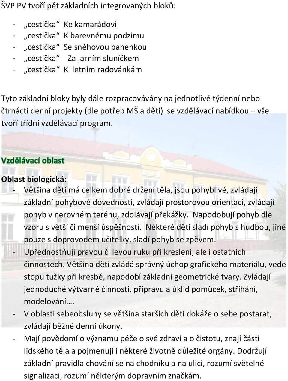 Oblast biologická: - Většina dětí má celkem dobré držení těla, jsou pohyblivé, zvládají základní pohybové dovednosti, zvládají prostorovou orientaci, zvládají pohyb v nerovném terénu, zdolávají
