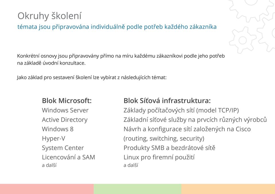 Jako základ pro sestavení školení lze vybírat z následujících témat: Blok Microsoft: Windows Server Active Directory Windows 8 Hyper-V System Center