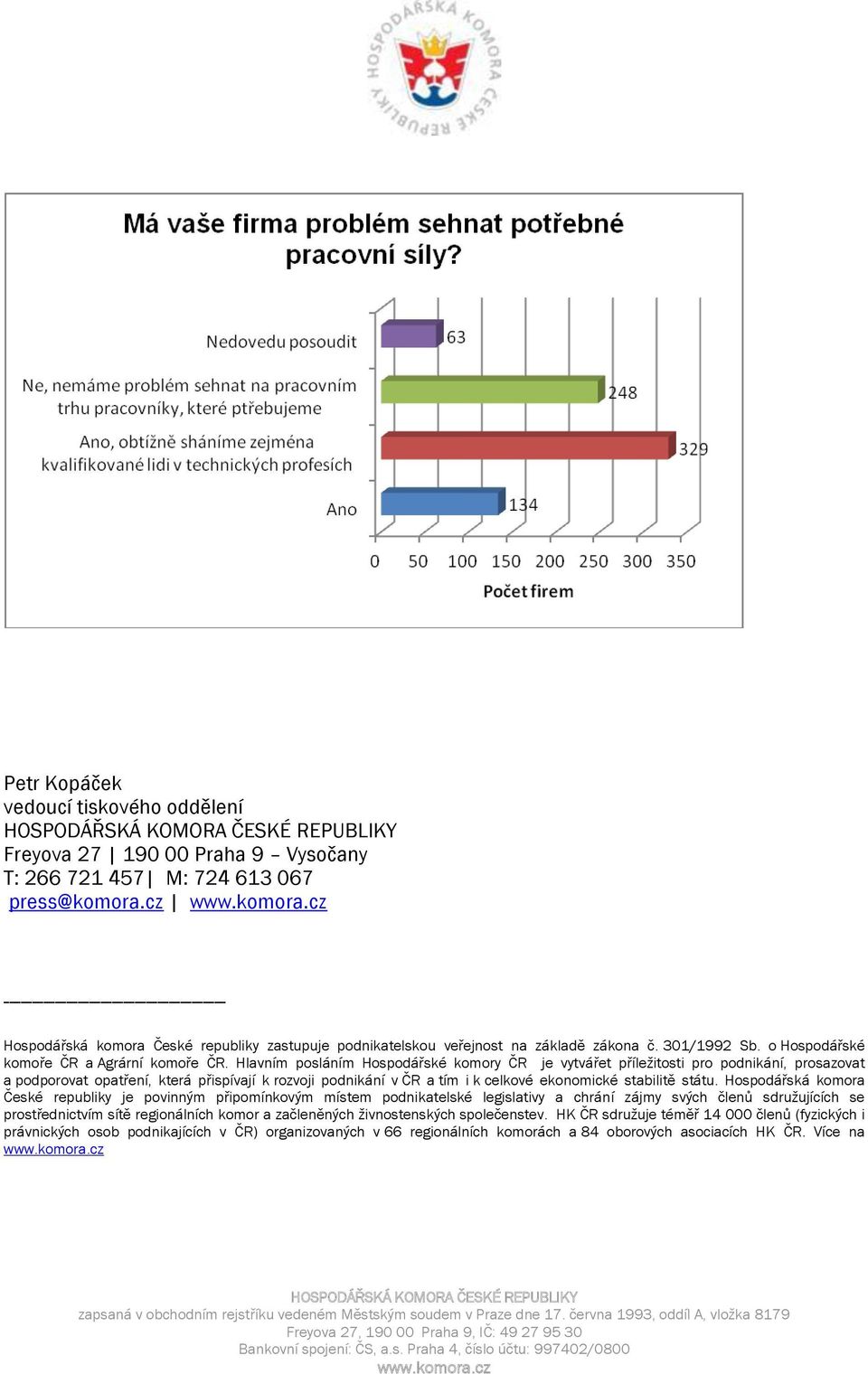 Hlavním posláním Hospodářské komory ČR je vytvářet příležitosti pro podnikání, prosazovat a podporovat opatření, která přispívají k rozvoji podnikání v ČR a tím i k celkové ekonomické stabilitě státu.