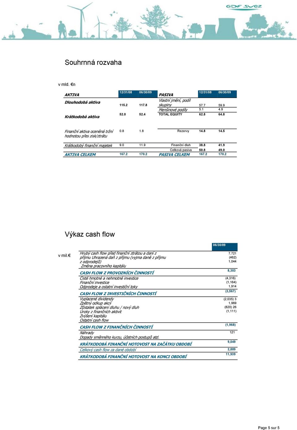 0 AKTIVA CELKEM 167.2 170.2 PASIVA CELKEM 167.2 170.2 Výkaz cash flow 06/30/09 v mil.