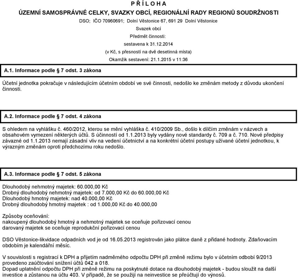 A.2. Informace podle 7 odst. 4 zákona S ohledem na vyhlášku č. 460/2012, kterou se mění vyhláška č. 410/2009 Sb., došlo k dílčím změnám v názvech a obsahovém vymezení některých účtů. S účinností od 1.