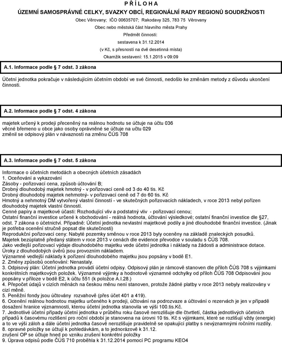 2014 (v Kč, s přesností na dvě desetinná místa) Okamžik sestavení: 15.1.2015 v 09:09 Účetní jednotka pokračuje v následujícím účetním období ve své činnosti, nedošlo ke změnám metody z důvodu ukončení činnosti.