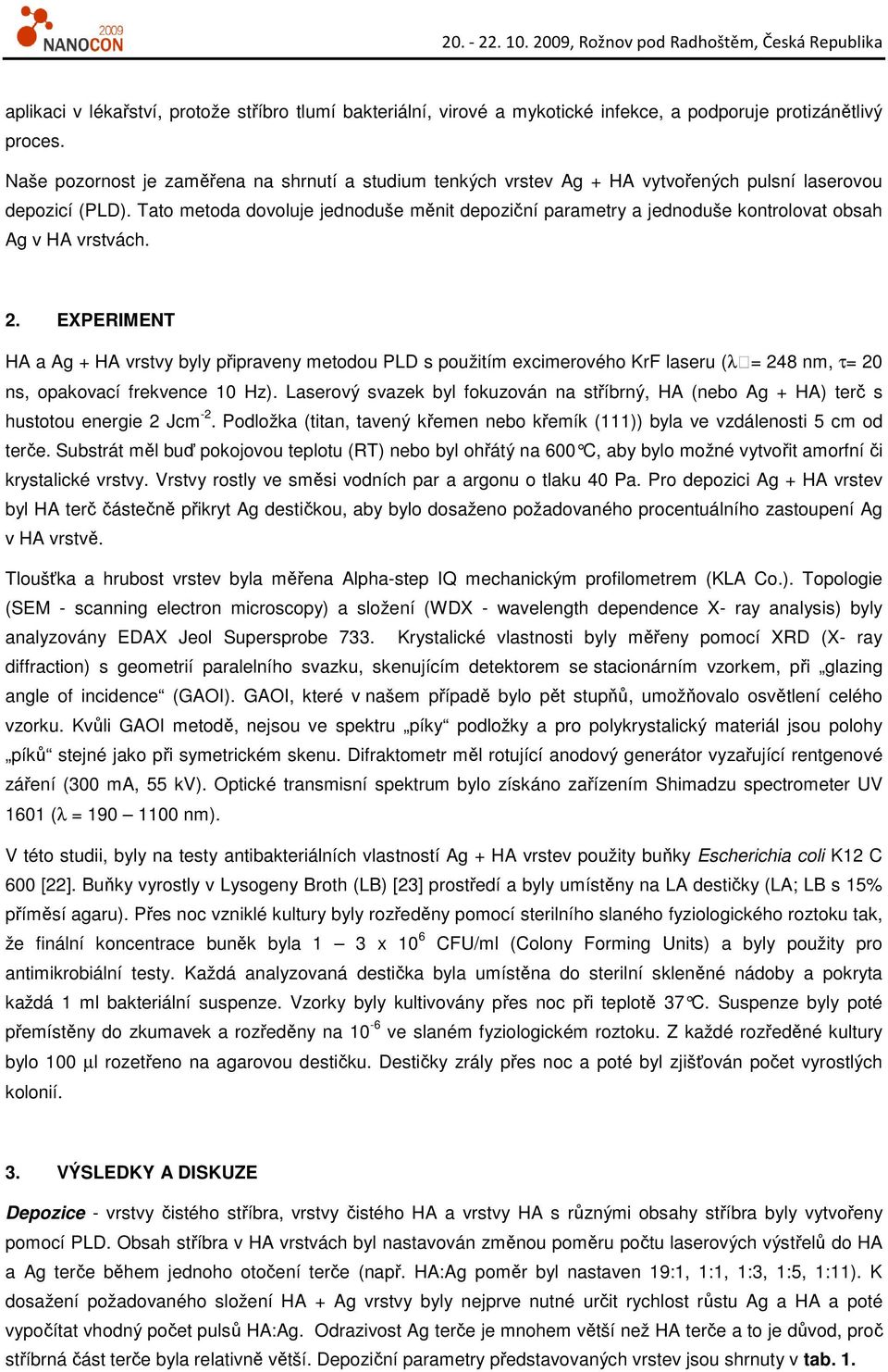 Tato metoda dovoluje jednoduše měnit depoziční parametry a jednoduše kontrolovat obsah v HA vrstvách. 2.