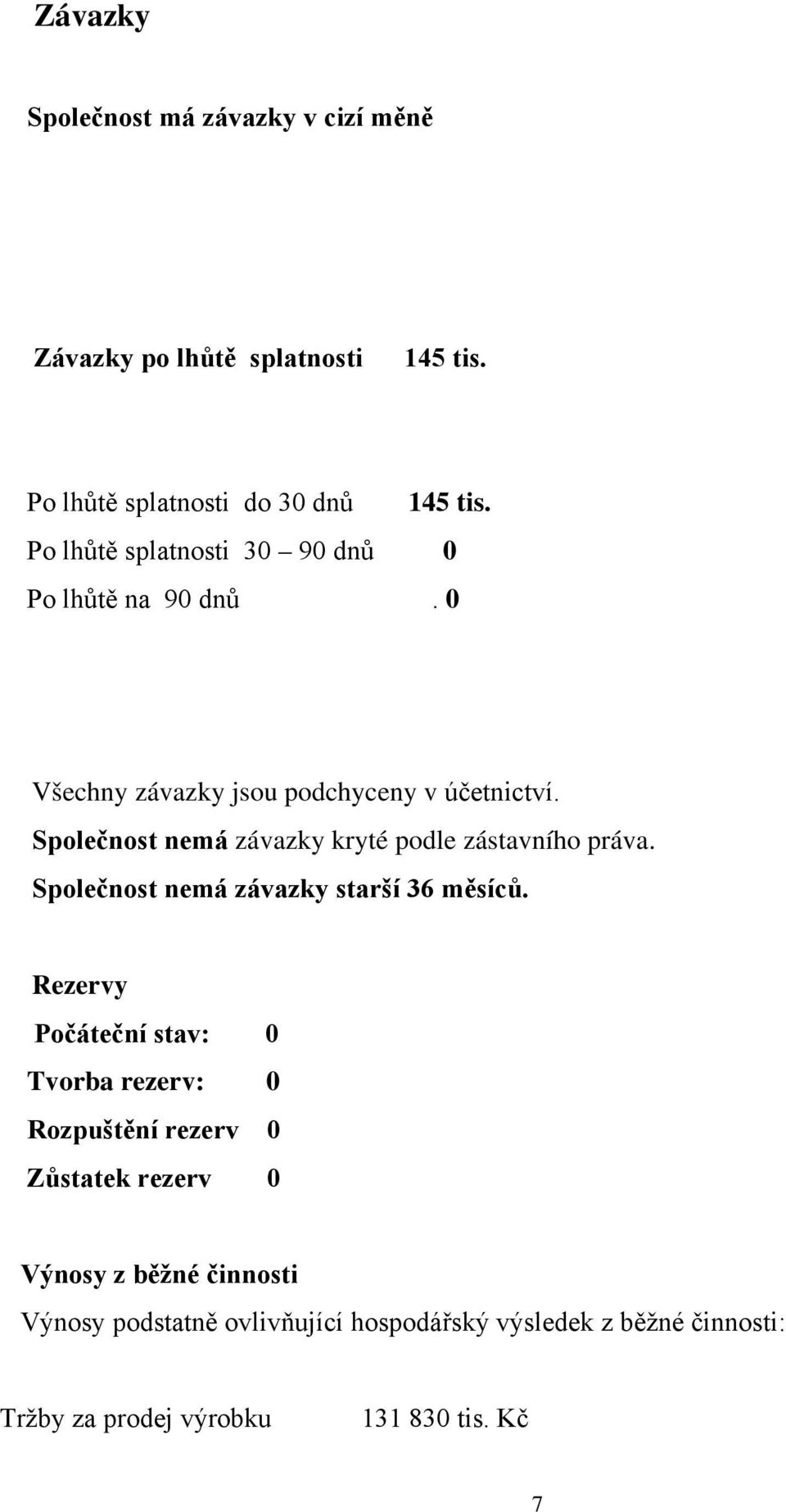 Společnost nemá závazky kryté podle zástavního práva. Společnost nemá závazky starší 36 měsíců.