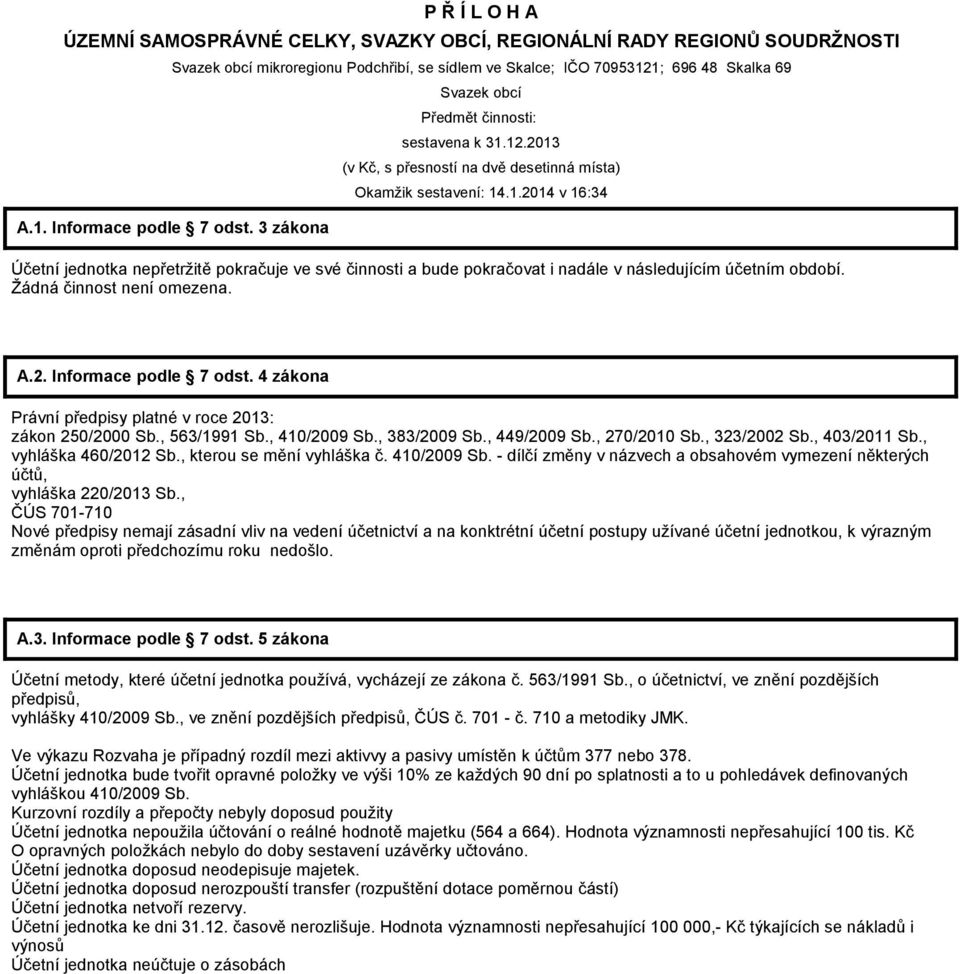 Žádná činnost není omezena. A.2. Informace podle 7 odst. 4 zákona Právní předpisy platné v roce 2013: zákon 250/2000 Sb., 563/1991 Sb., 410/2009 Sb., 383/2009 Sb., 449/2009 Sb., 270/2010 Sb.