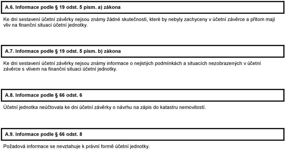 účetní jednotky. A.7. Informace podle 19 odst. 5 písm.